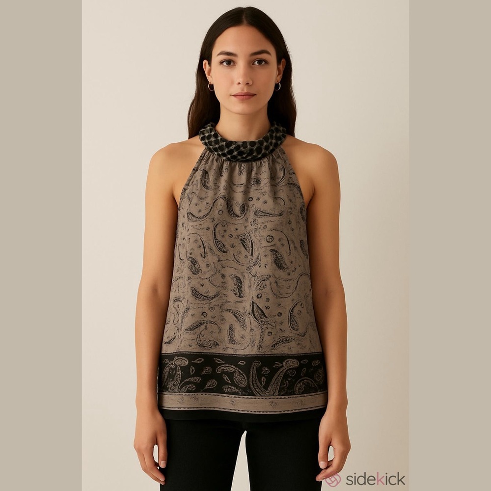 Vero Moda “Denim” Paisley Pattern Flowing Sleeveless Top, Leopard Print Collar